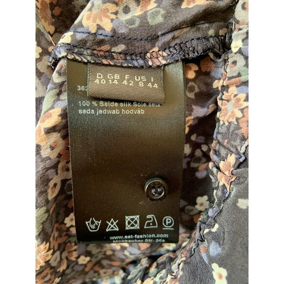 Set Silk Ditsy Floral Print Tie Neck Long Sleeve Blouse Top Black Size 8 - Picture 5 of 5